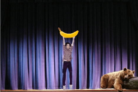 (Nick Hune-Brown, from "All Our Happy Days Are Stupid", embarrasses himself by jumping on stage and celebrating before realizing that his play lost to "Venus in Fur". The Fur sits nearby, patiently waiting to speak.)